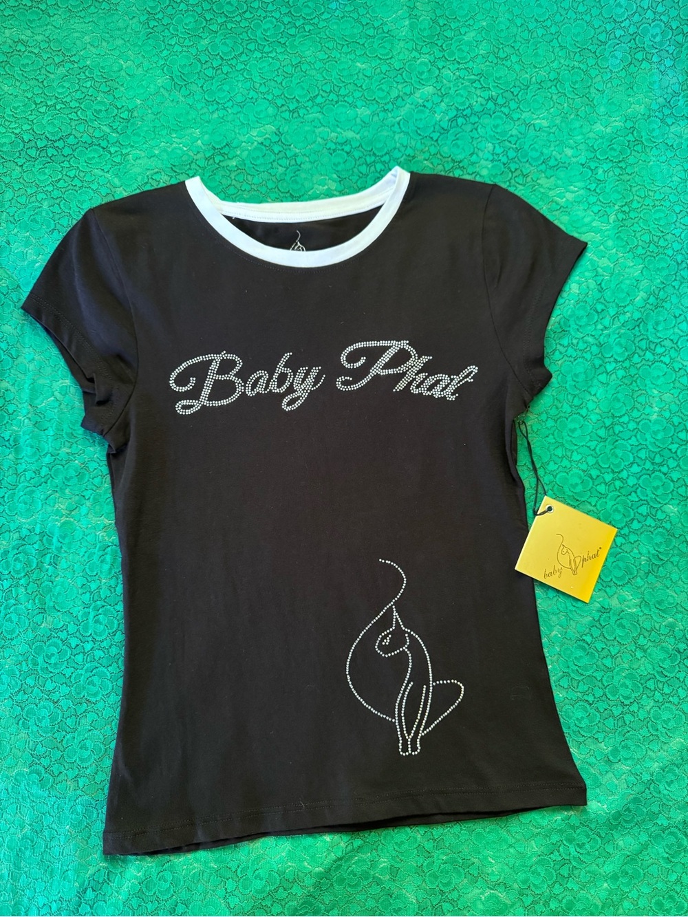 Baby Phat Black Short-Sleeve Rhinestone Logo Tee with White Neckline